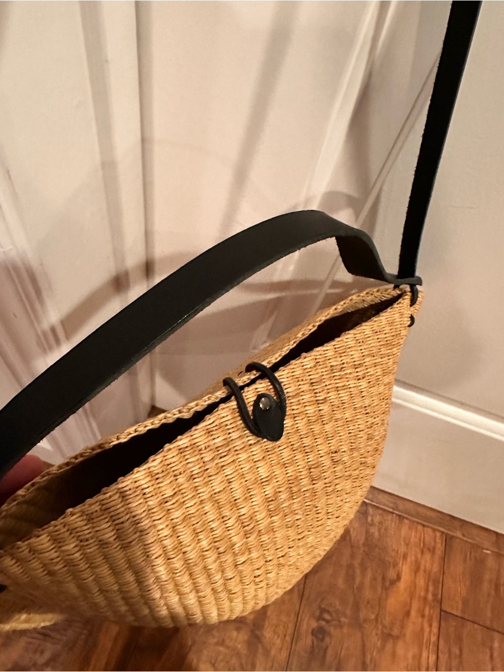 Woven Half-Moon Shoulder Bag with Black Leather Strap - Picture 2 of 4